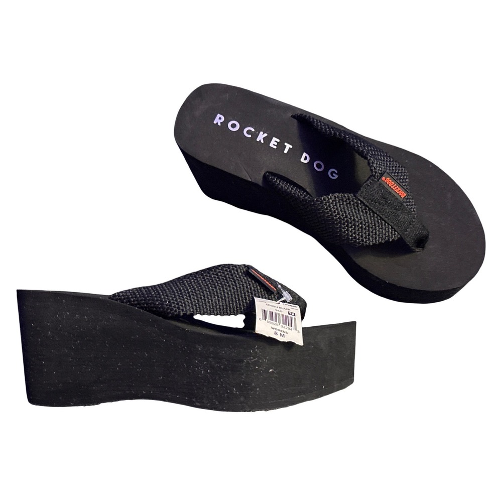NEW Rocket Dog Black Platform Wedge Flip Flops Y2K Chunky Sandals Women's Size 8